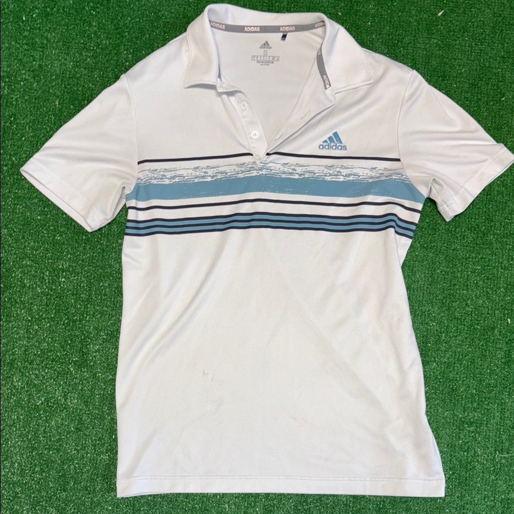 Adidas White and Blue Striped Polo Shirt